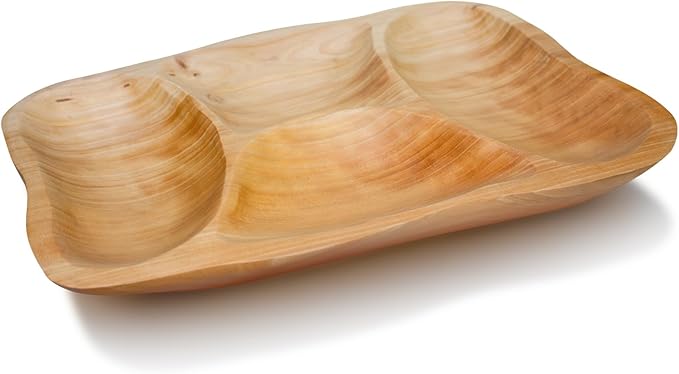 Natural Wood 4-Compartment Divided Fruit Tray, Live Edge Handmade Serving Platter for Snacks, Sandwiches, Appetizers, Unique Hand-Carved Rustic Design