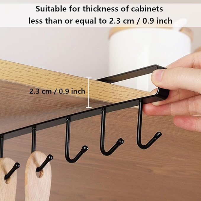 2 Pack Storage Mug Hooks Rack Under Cabinet Each with Fixed Sticker, 6 Hooks Cup Holder Hanger, Ties Belts Scarf Hanging Hook Rack, Mug Hook Hanger Under Shelf Without Drilling Kitchen Utensil Hanger