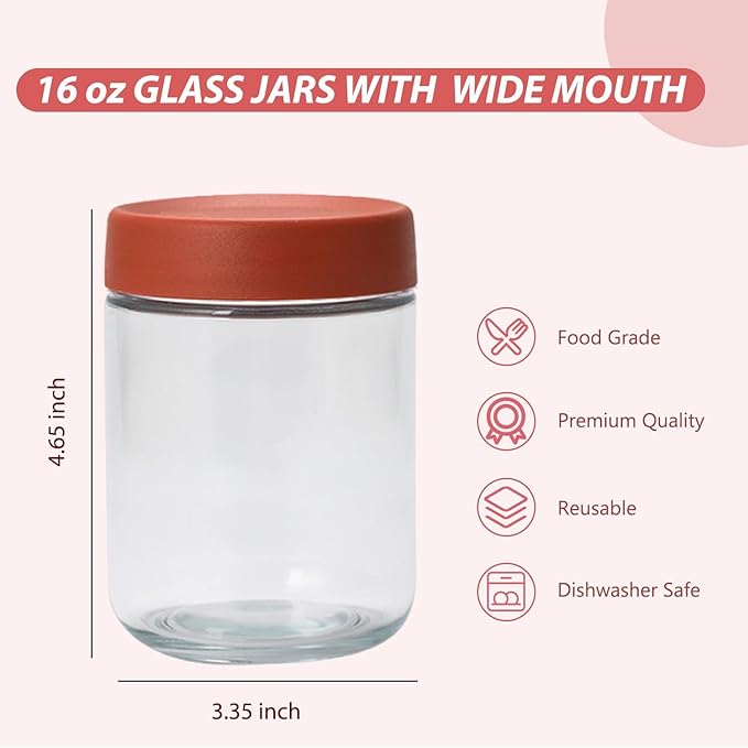 Overnight Oats Containers with Lids 16 oz Glass Jars 6 Pack Glass Mason Jars with Airtight Lids, Perfect for Oats, Yogurt, Chia Pudding, Snack