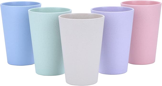LuckyZone Wheat Straw Unbreakable Cup | 16 oz Reusable Water Drinking Glasses Sets of 5 | Lightweight Tumbler for Kitchen Outdoor | Dishwasher Safe, BPA Free and Eco friendly (16 oz, 5 Color_A)