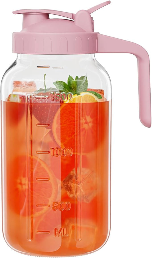 Glass Mason Jar Pitcher, 64 oz Wide Mouth Jug with Pour Spout Handle Lid for Cold Brew Coffee, Ice Beverage, Iced Juice, Lemonade, Sun Tea, Fruit Drinks Container(Pink)