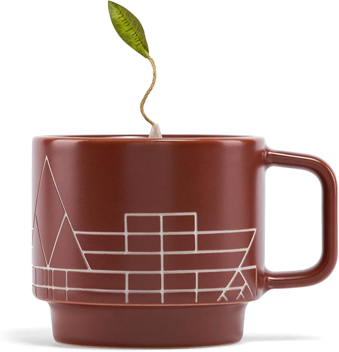 Tea Forte Terra Stoneware Teacup with Saucer, Frank Lloyd Wright, 8 oz. Stoneware Teacup for Steeping Pyramid Infusers, Dishwasher & Microwave Safe