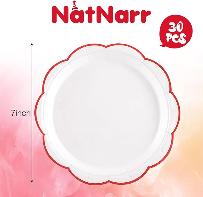 30 Pcs Red and White Paper Plates, 7 Inch White Plates with Red Trim Scalloped Paper Plate Disposable Dessert Cake Plate for Mother's Day, Baby Shower, Wedding, Bridal Shower