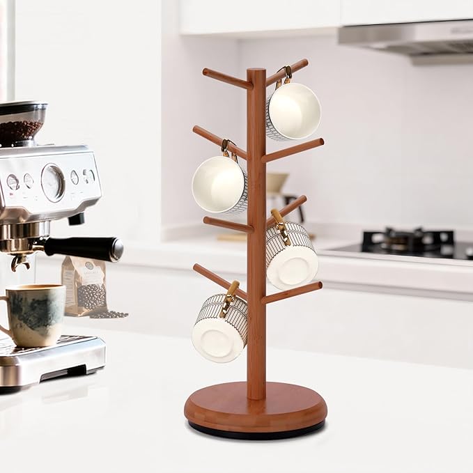 BAMBANG Mug Holder Tree, 360° Rotating 8 Hooks Coffee Cup Holder for Counter, Bamboo Coffee Mug Rack Standing for Kitchen Countertop Home (Brown) (Brown)