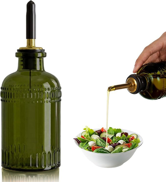1 Pack Olive Oil Dispenser 7oz, Olive Green Glass Bottle with Metal Spout and Lid, Vinegar Cruet Kitchen Small Oil for Cooking, Salad, Baking (Elegant)