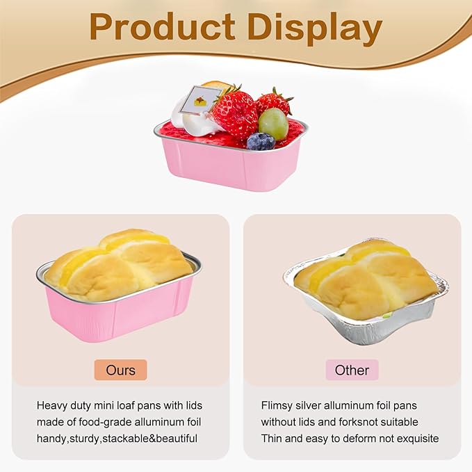 mini loaf pans with lids and spoons 50 Pack,5.5 oz Rectangle mini individual cake tins Disposable Small Aluminum Foil Baking pans(50, Pink)