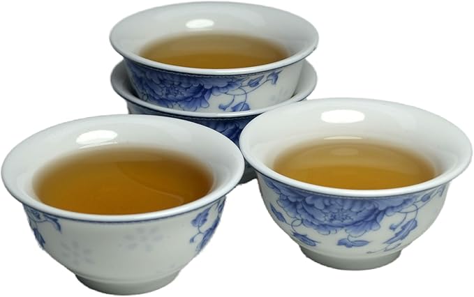 Liang baobao Chinese Traditional Tea Tasting Cup Set of 4, 2oz White Porcelain Mini Cups for Gongfu Tea Ceremony (Peony)