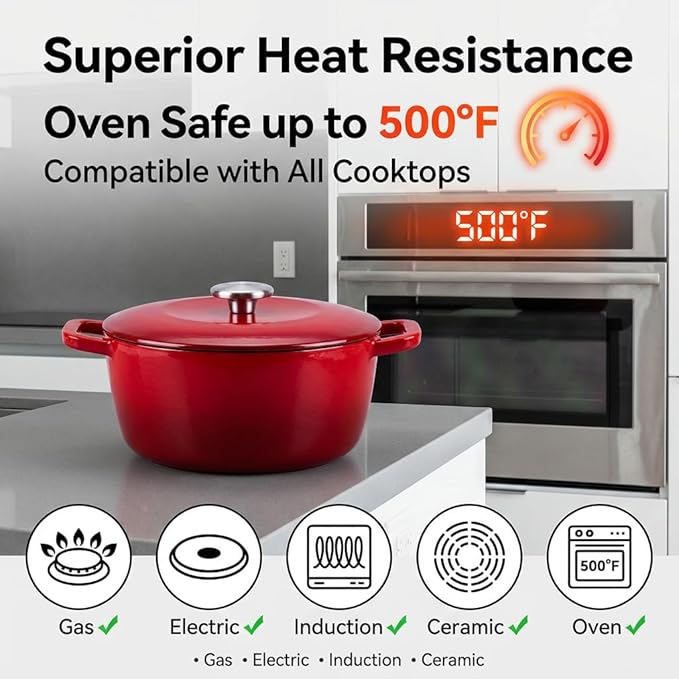 5QT Enamel Cast Iron Dutch Oven with Lid,Dual Handles,Versatile Heavy-Duty Non-toxic Cookware for Sourdough Bread Baking,Braising,Stews,Roasting,Oven Safe up to 500°F red