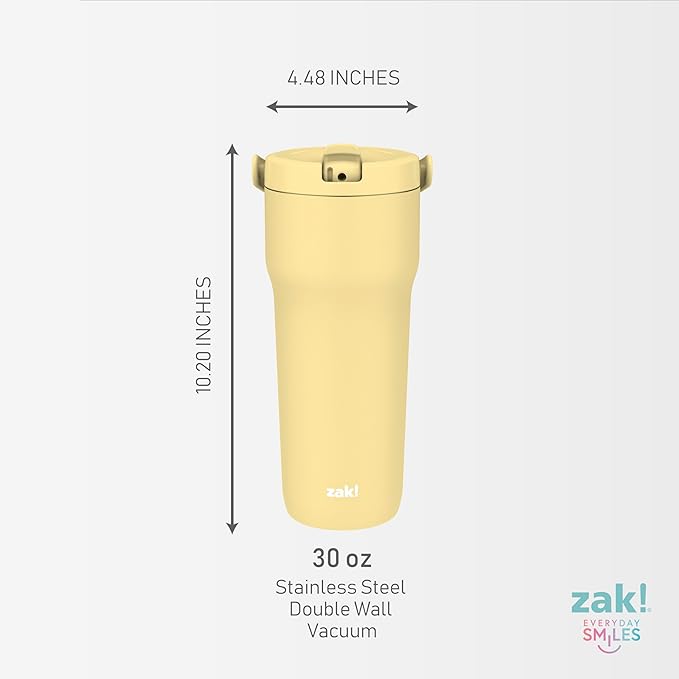 Zak Designs Sutton Travel Tumbler for On the Go, 30oz Stainless Steel with Vacuum Insulation, Straw Spout, Carry Handle for Cold Drinks (Vanilla Yellow)