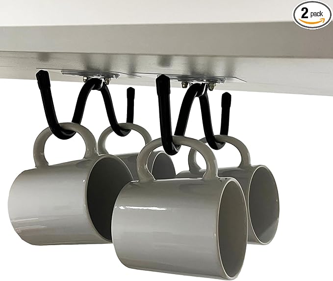 Pmsanzay Mug Cup Holder Under Cabinet Organizer - 2 Pack Self-Adhesive Cup Hooks Coffee Mug Holder,Mug Cup Storage Hanger,Coffee Bar Accessories for Kitchen, Pantry, Cabinet - No Drilling