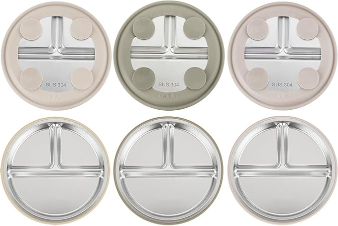 PandaEar 3 Pack Stainless Steel Baby Suction Plates, Divided Toddler Plate for Baby Led Weaning Supplies, Non-Slip Toddler Baby Feeding Set Dishwasher Safe (Linen/Brown/Tan)