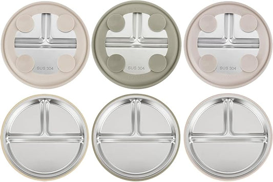 PandaEar 3 Pack Stainless Steel Baby Suction Plates, Divided Toddler Plate for Baby Led Weaning Supplies, Non-Slip Toddler Baby Feeding Set Dishwasher Safe (Linen/Brown/Tan)