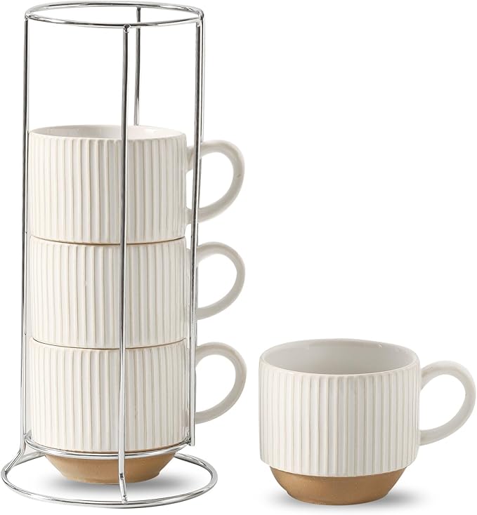 HASENSE 15 oz Ribbed Stackable Ceramic Coffee Mug Set of 4, White & Light Brown Cups with Metal Holder, Dishwasher & Microwave Safe for Cappuccino Tea Hot Cocoa, Wedding Housewarming Gifts