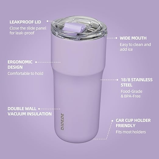 BJPKPK Insulated Tumbler with Lid,24oz Stainless Steel Tumbler,Double Wall Travel Coffee Mug Thermal cup,Keep Drinks Cold and Hot,Lavender