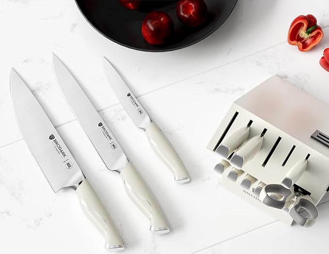 BRODARK Kitchen Knife Sets with Block and Built-in Sharpener - Ultra Sharp15 Pcs Full Tang Professional Chef Knife Set, High Carbon Super Steel Cutlery Set, Ivory Series with Gift Box for Men Women