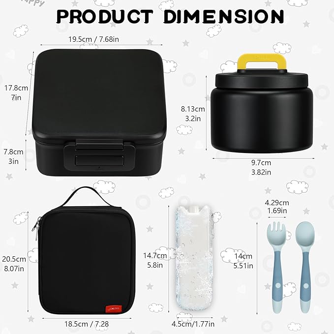 MAISON HUIS Bento Lunch Box with 8oz Soup Thermo, 5-Compartment Leak-Proof Container, Thermo Hot Food Jar and Insulated Lunch Bag, BPA Free,Travel, School (Black)