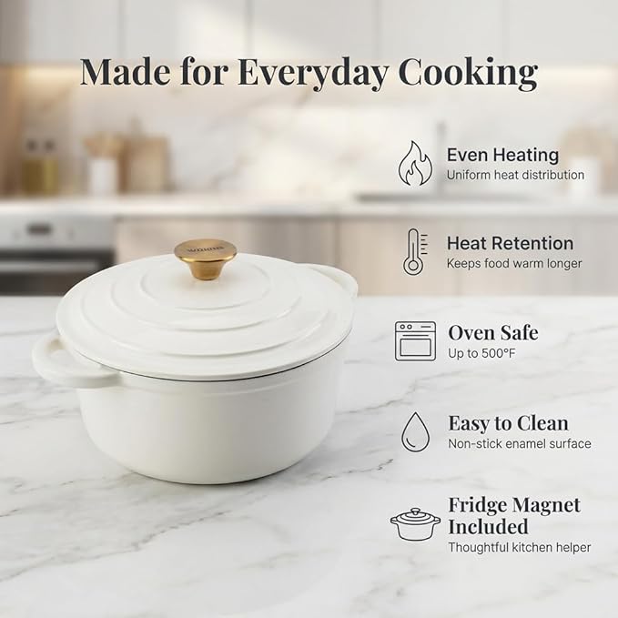 4QT Enameled Cast Iron Dutch Oven Pot with Lid,Heavy-Duty Cookware for Sourdough Bread Baking,Braising,Stews,Roasting,Oven Safe up to 500°F,cream