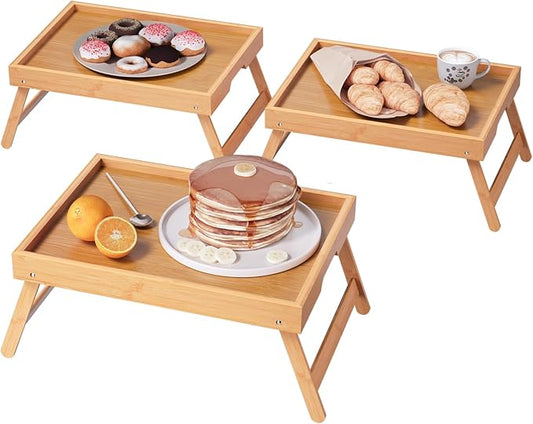 3 Pack Bamboo Bed Tray Table with Folding Legs,Breakfast Trays,Serving Tray,Laptop Tray for Working,Food Snack Tray for Bed and Sofa(Natural)