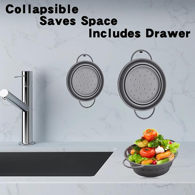Silicone Collapsible Colander with Handle, Kitchen Colander for Easy Storage,Four-side Fast Draining Silicone Draining Basket, Perfect for Fruits Vegetables (Gray L+M)