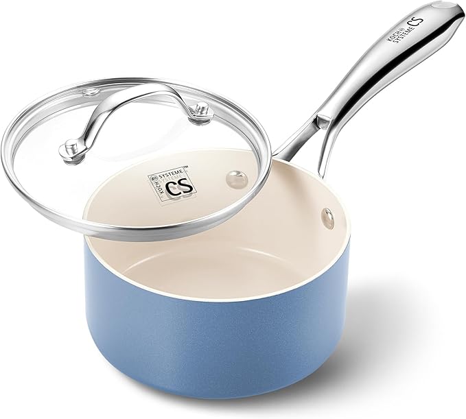 KOCH SYSTEME CS Small Saucepan with Lid, 1 Quart Nonstick Sauce Pan with PFAS-FREE Ceramic Coatings, Non-Toxic, Scratch-Resistant Small Cooking Pot with Lid, Blue
