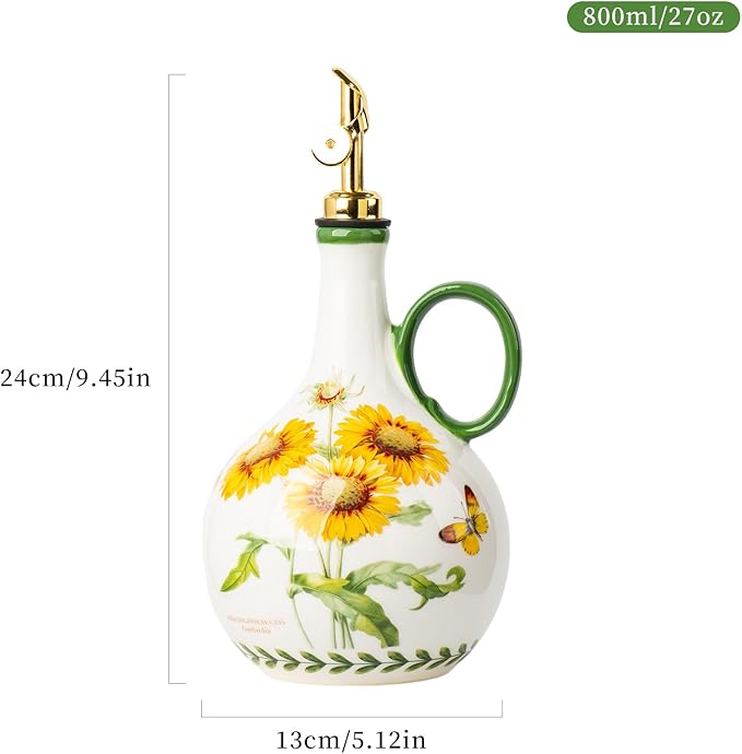 Ceramic Olive Oil Dispenser, 27 oz Floral Pattern Cruet with Auto-Close Spout, 9.45" Tall, Decorative Oil and Vinegar Bottle (sunflower)