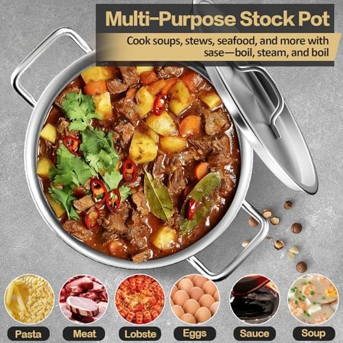 Stainless Steel Stockpot – 40QT Stock Pot with Lid, Heavy-Duty Tri-Ply Bottom Cooking Pot for Canning, Boiling Beer Brewing, Soup, Seafood Boil – Satin Finish Stainless Steel Soup Pot