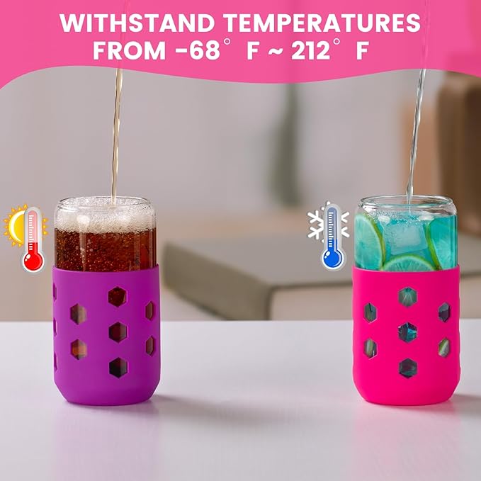 Glass Cups with Lids and Straws (4 Pcs), 16oz Drinking Glasses Set with Silicone Sleeves for Coffee Bar Accessories Iced Coffee Cups with Lids, Glass Tumbler Reusable for Gifts