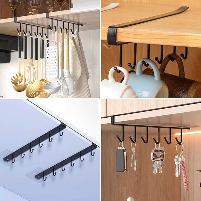 2 Pack Storage Mug Hooks Rack Under Cabinet Each with Fixed Sticker, 6 Hooks Cup Holder Hanger, Ties Belts Scarf Hanging Hook Rack, Mug Hook Hanger Under Shelf Without Drilling Kitchen Utensil Hanger