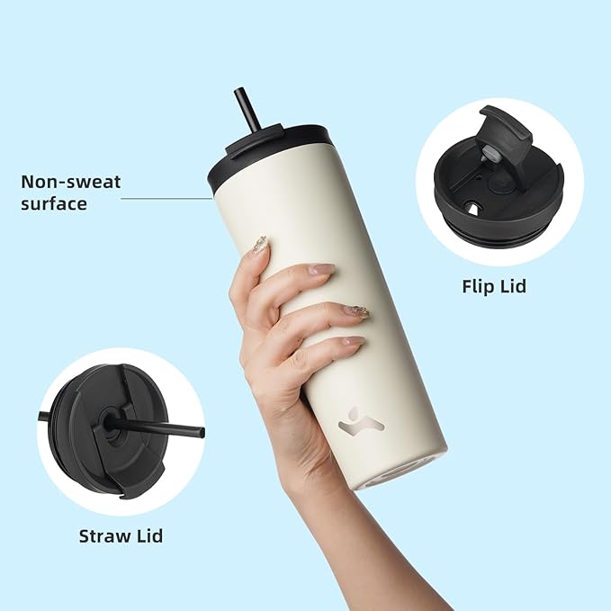 26 OZ Insulated Tumbler with Lid and 2 Straws Stainless Steel Water Bottle Vacuum Travel Mug Coffee Cup,Angel White