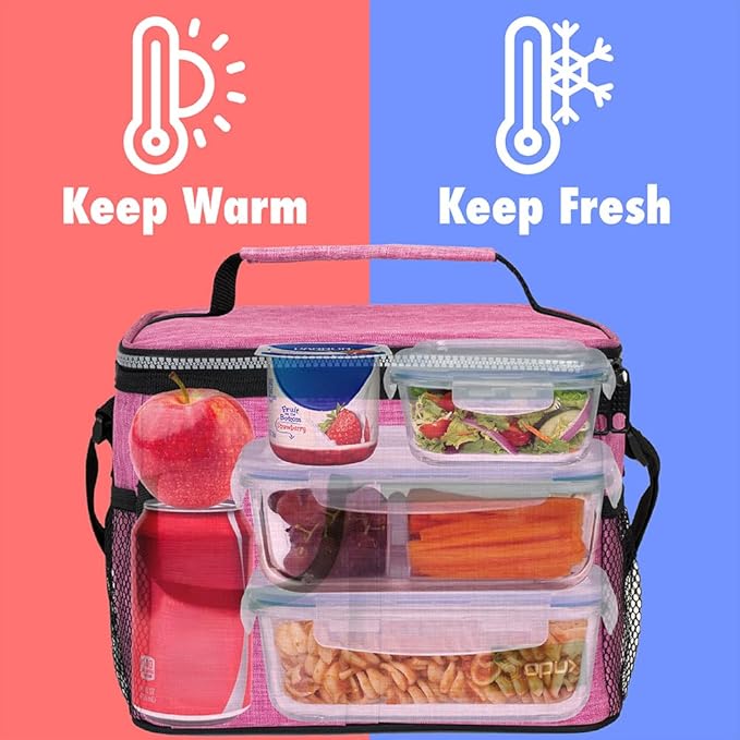 opux Insulated Lunch Bag for Men Women, Leakproof Heather Pink Lunch Box for Work, Portable Soft Lunch Cooler Bag with Shoulder Strap, Adult Lunchbox Lunch Pail for Kid Boy Girl School, 14 Can/8L