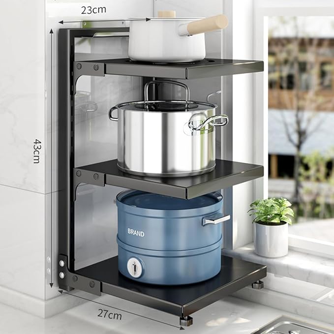 Pots and Pans Organizer for Cabinet Black Adjustable 3 Tier Pot Organizer Rack Under Sink or Floating Shelf Heavy Duty Kitchen Storage Organizers Pot Lid Organizer