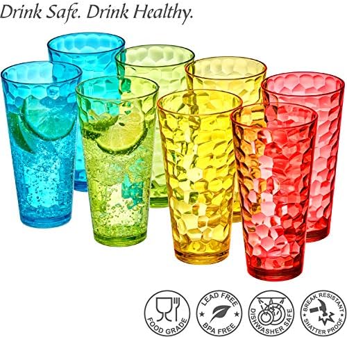 Amazing Abby - Iceberg - 24-Ounce Plastic Tumblers (Set of 8), Mixed-Color High-Balls, Reusable, Stackable, BPA-Free, Shatter-Proof, Dishwasher-Safe