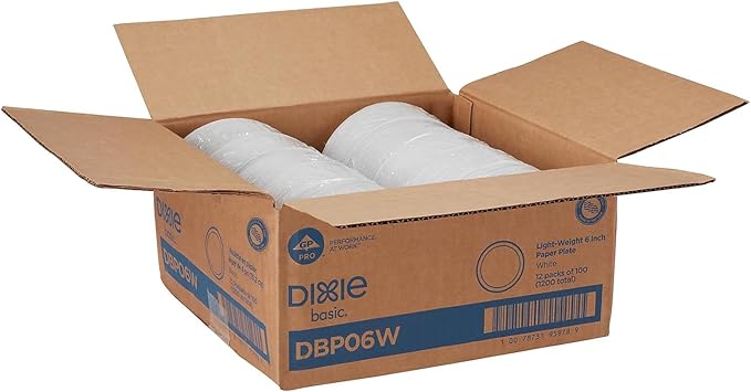 Dixie Basic 6" Light-Weight Paper Plates by GP PRO (Georgia-Pacific), White, DBP06W, 1,200 Count (100 Plates Per Pack, 12 Packs Per Case)