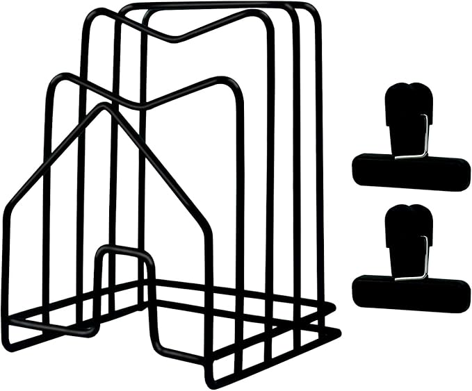 Cutting Board Holder Pot Lid Organizer W 2 Chip Bag Clips 304 Stainless Steel Pan Organizer Under Cabinet Inside Cabinet Pot Cover Cookie Sheet Bakeware Serving Tray Cooling Rack Stand Kitchen Black