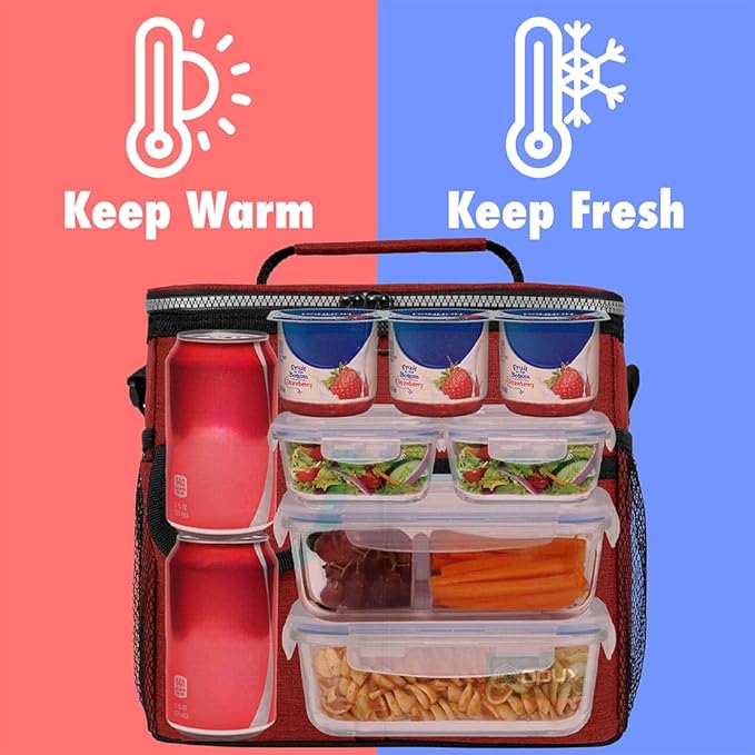 opux Insulated Lunch Bag for Men Women, Leakproof Heather Red Lunch Box for Work, Portable Soft Lunch Cooler Bag with Shoulder Strap, Adult Lunchbox Lunch Pail for Kid Boy Girl School, 18 Can/10L