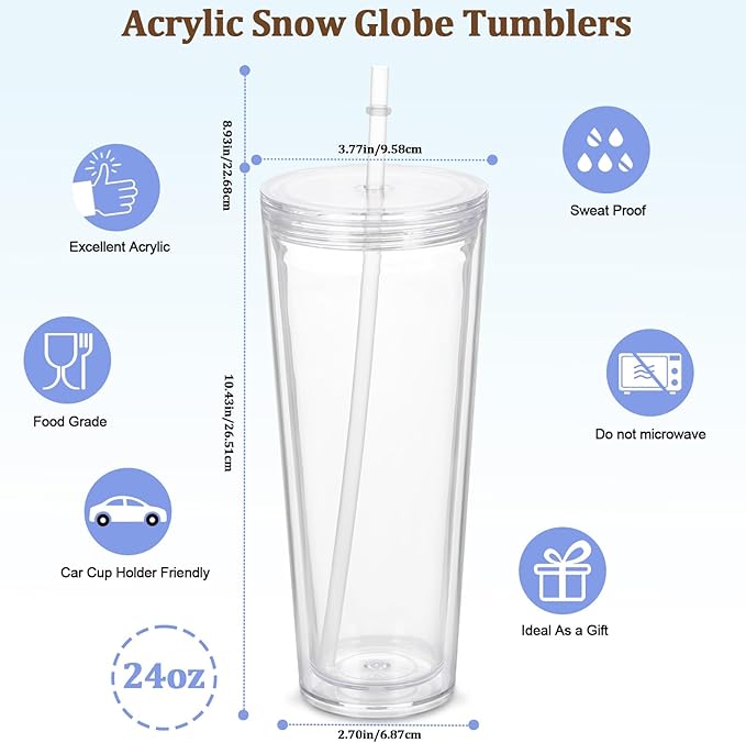 8 Pack 24Oz Snow Globe Tumblers, Double Wall Acrylic Snowglobe Cup with Pre Drilled Hole, Lids, Straws and Plug, Reusable Clear Plastic Tumbler for Snow Globe Glitter DIY