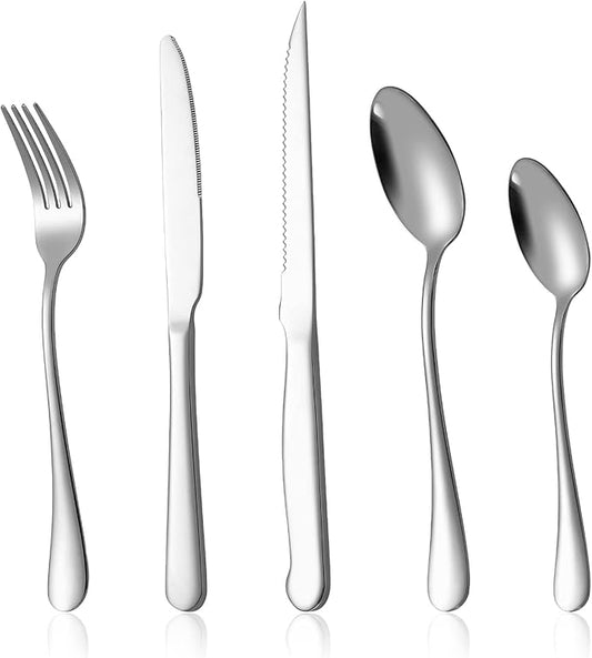 20-Piece Silverware Set Service for 4, Food Grade Stainless Steel Flatware Cutlery Set Kitchen Utensils Set with Steak Knives For Home Restaurant Hotel, Mirror Polished