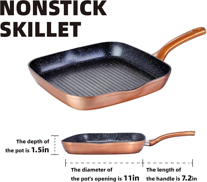 Nonstick Grill Pan for Stove Tops, 11 Inch Versatile Griddle Pan with Pour Spouts,Square Grill Pan for Indoor Cooking Surface, Durable Grill Skillet for Indoor & Outdoor Grilling.PFOA Free