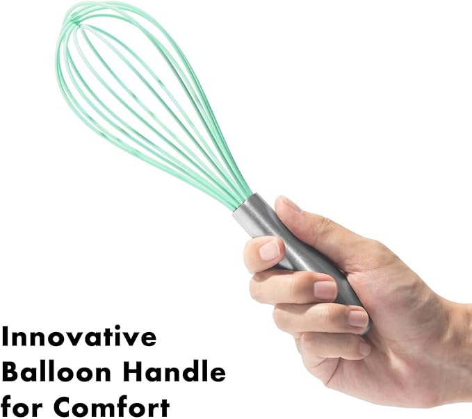 10-Inch Teal Silicone Whisk, Heat Resistant 480°F Kitchen Whisk with Stainless Steel Ergonomic Handle, Non-Scratch for Nonstick Cookware, Dishwasher Safe, Perfect for Blending, Cooking & Beating