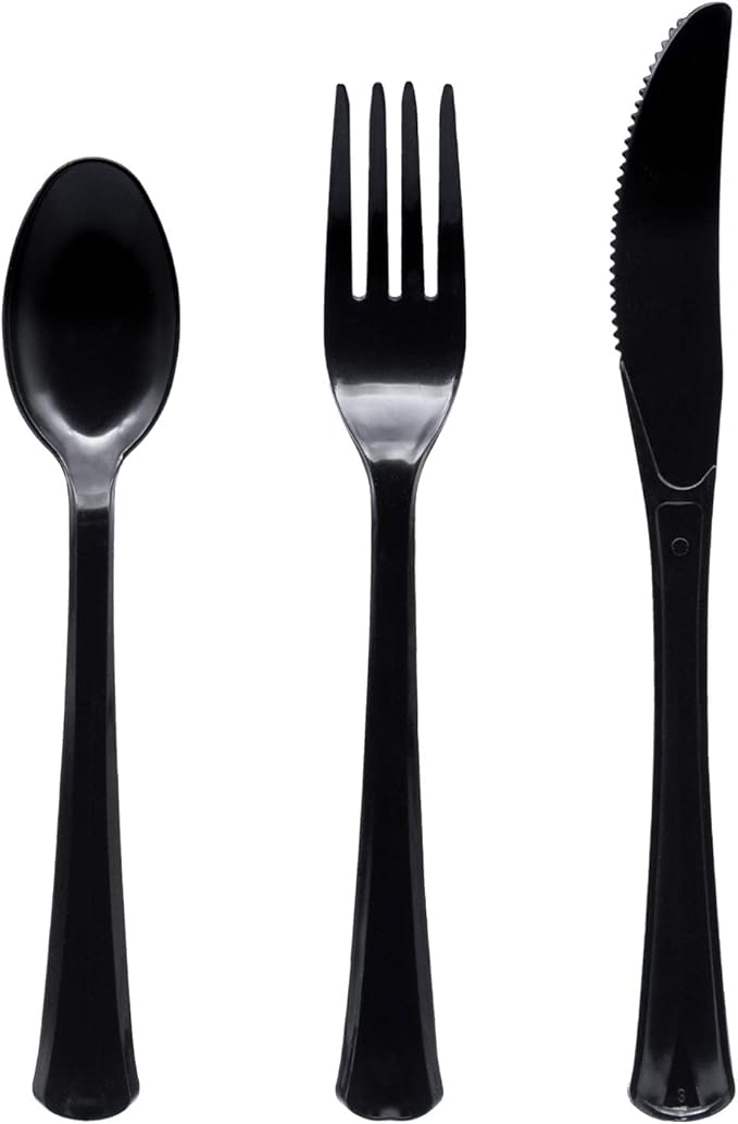 Party Essentials Extra Heavy Duty Hard Plastic Cutlery Combo Pack, Full Size Knives/Forks/Spoons, Black, 96-Pieces/ 32-Place Settings (N1224BK-4)