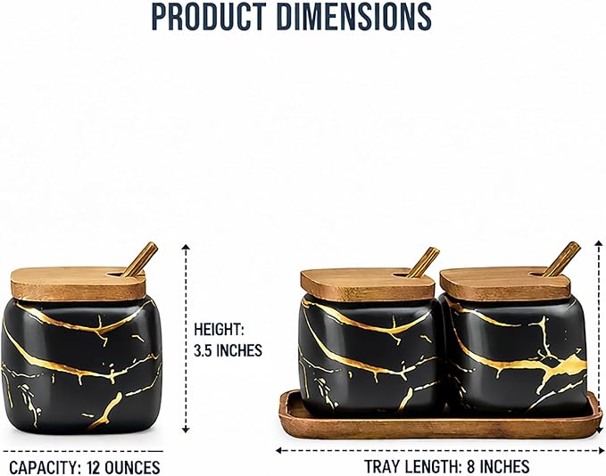 2 Sets of Marble Ceramic Seasoning Jars Ceramic Sugar Bowl with Lids，Tray and Spoons (black) …