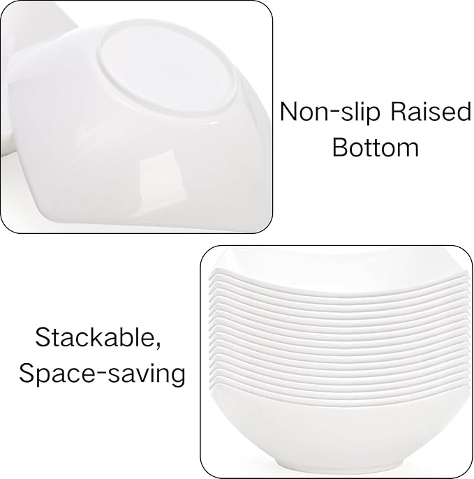 Hacaroa 16 Pack Plastic Serving Bowls, 24 Oz Small Salad Bowl Square White Candy Bowls Party Snack Bowl for Chips, Fruit, Popcorn, Dips, Entertaining, Catering, Thick Plastic