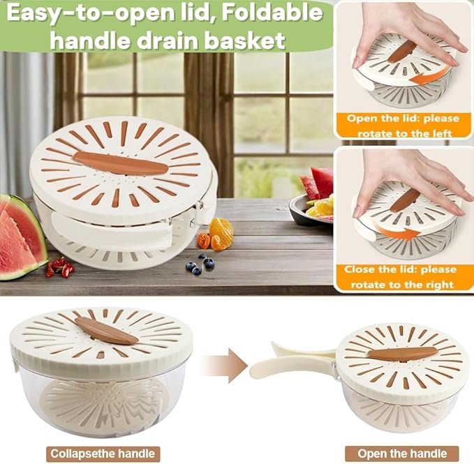 2 in 1 Fruit Vegetable Washing Bowl with Strainer,1 QT Multipurpose Drain Basket with Lid & Foldable Handle,Fruit Strainer Container for Kitchen,Fridge,Picnics,Apartment