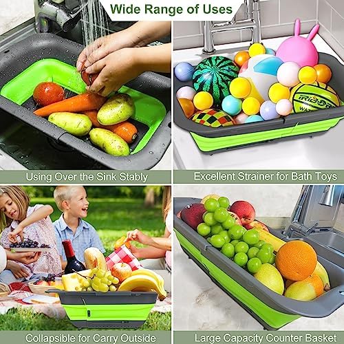 ROTTOGOON 7Qt Collapsible Colander Strainer, Expandable Over the Sink Colander, Adjustable Silicone Kitchen Sink Strainer, Foldable Large Colanders Basket to Wash Vegetable, Fruit, 15" to 19.8", Green
