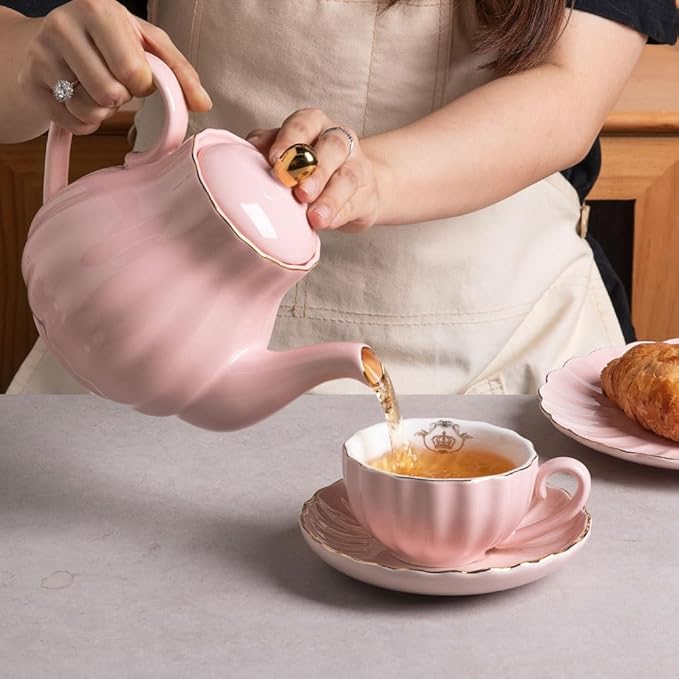 Sweejar Royal Teapot, Ceramic Tea Pot with Removable Stainless Steel Infuser, Blooming & Loose Leaf Teapot - 40 Ounce (Pink)