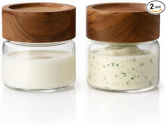 2-Pack 4 fl oz Leakproof Mason Jars with Airtight Acacia Wood Lids - Small Glass Food Storage Containers for Overnight Oats, Spices, Snacks, Kitchen Pantry Organization