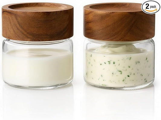 2-Pack 4 fl oz Leakproof Mason Jars with Airtight Acacia Wood Lids - Small Glass Food Storage Containers for Overnight Oats, Spices, Snacks, Kitchen Pantry Organization
