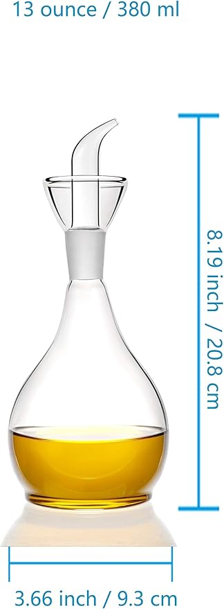 HAIZEEN 13ounce/ 380 ml Clear Glass Olive Oil Dispenser Bottle - Oil & Vinegar Cruet with Pourers and NO Funnel Needed - Olive Oil Carafe Decanter for Kitchen and BBQ