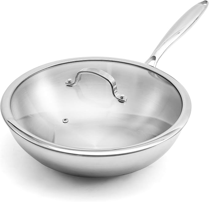 WANGYUANJI 12" Stainless Steel Wok Pan with Lid for 3-4 Servings, 4.2 QT Tri-Ply Flat Bottom Stir Fry Pan for Asian Cuisine, 18/10 (304) Induction Wok, Oven Safe
