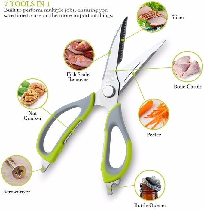 Multifunction Kitchen Food Scissors, Detachable Stainless Steel Heavy Duty Culinary Scissors, 7-in-1 Household Shears with Magnetic Holder, for Cut Poultry Meat Bone Vegetables Fruit (black green)